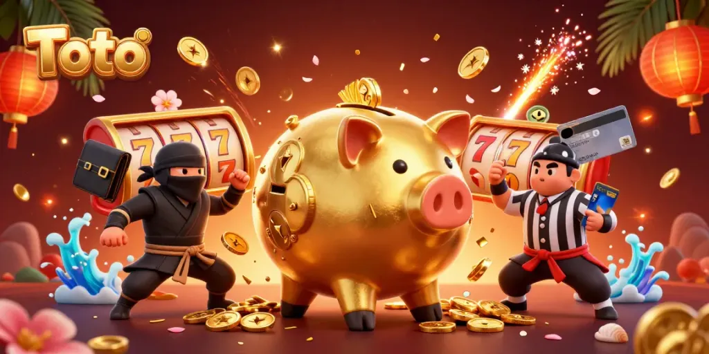 Mengguncang koin emas, Toto menampilkan celengan sumo dan ninja kartu dalam aksi kasino yang menggembirakan.
