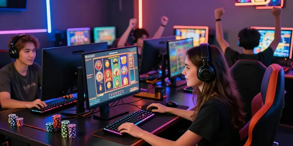 Permainan slot gacor online dengan pemain merayakan kemenangan di lingkungan gaming yang ceria.