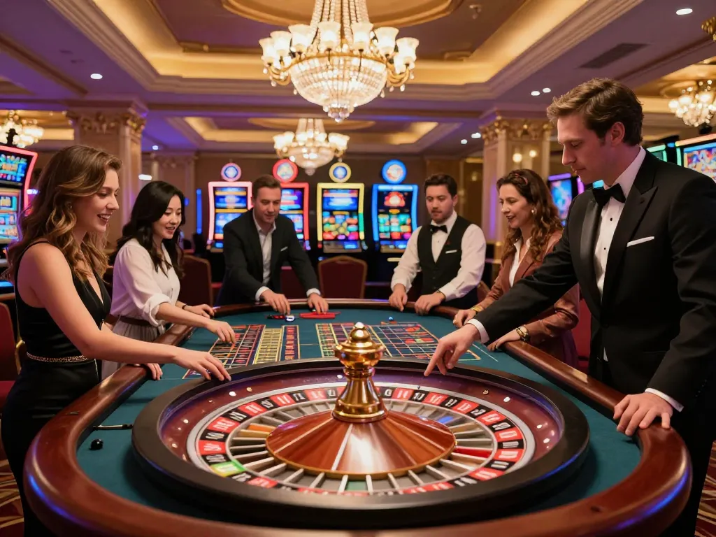 79king players placing bets at an exciting roulette table in a vibrant casino
