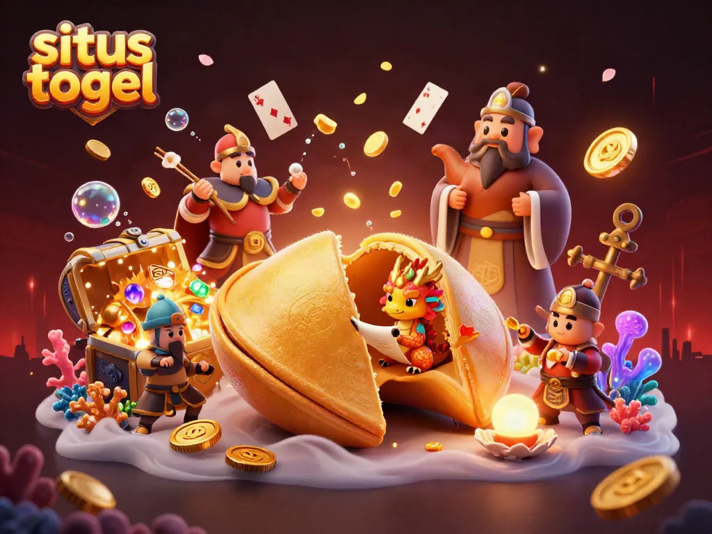 Immerse in situs togel excitement with a dynamic illustration of a golden cookie, dragon, and vibrant casino elements.
