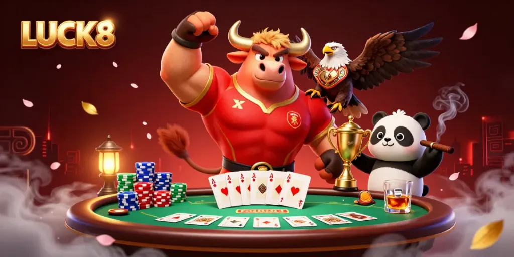 Experience the thrill of LUCK8 with a vibrant casino scene featuring a bull mascot, eagle, and panda.
