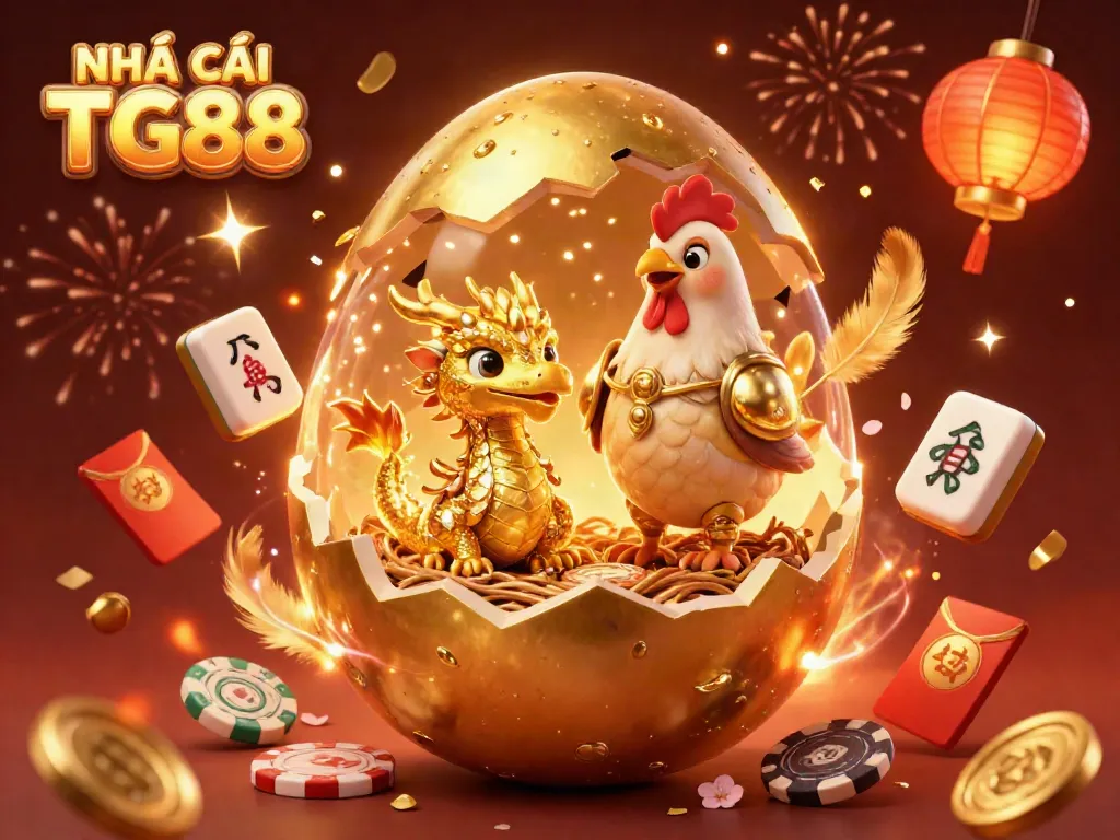 Engage in exciting gaming moments with NHÀ CÁI TG88's vibrant casino illustration featuring golden elements and a baby dragon.