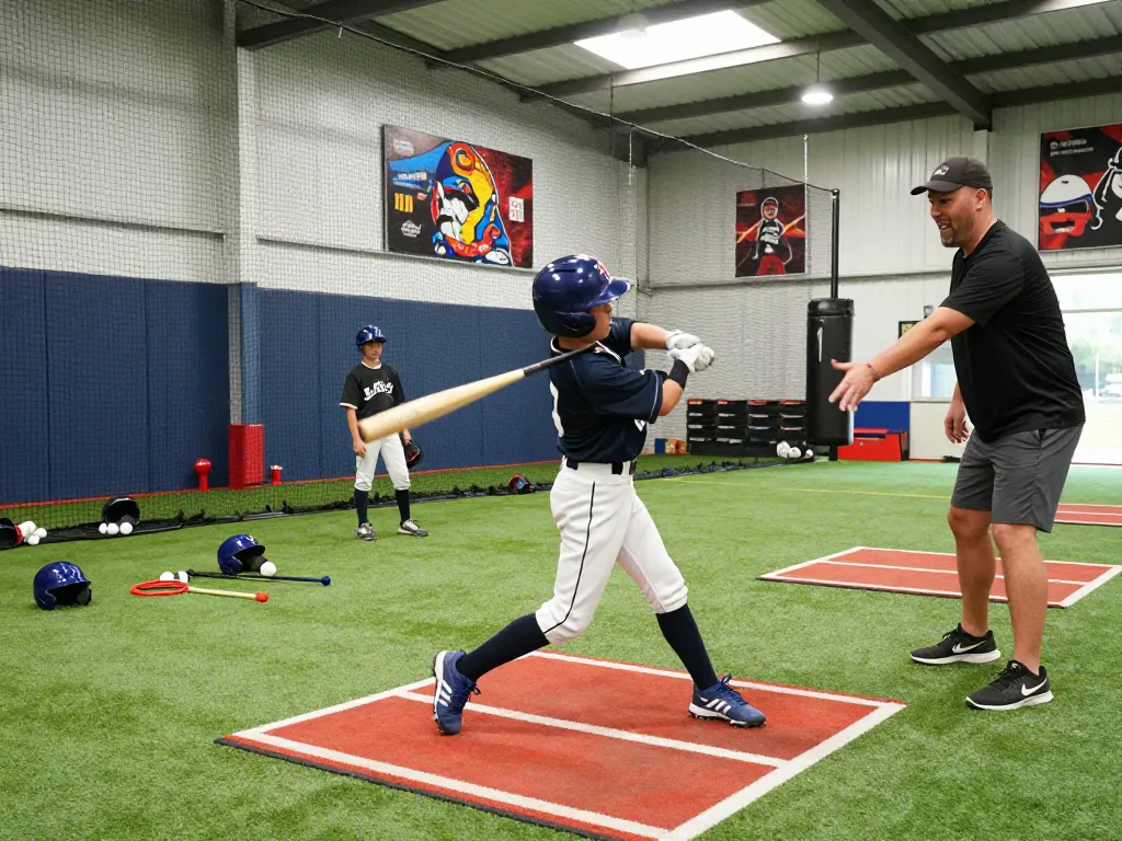 Young athlete training at Hitclub baseball facility with coach and equipment