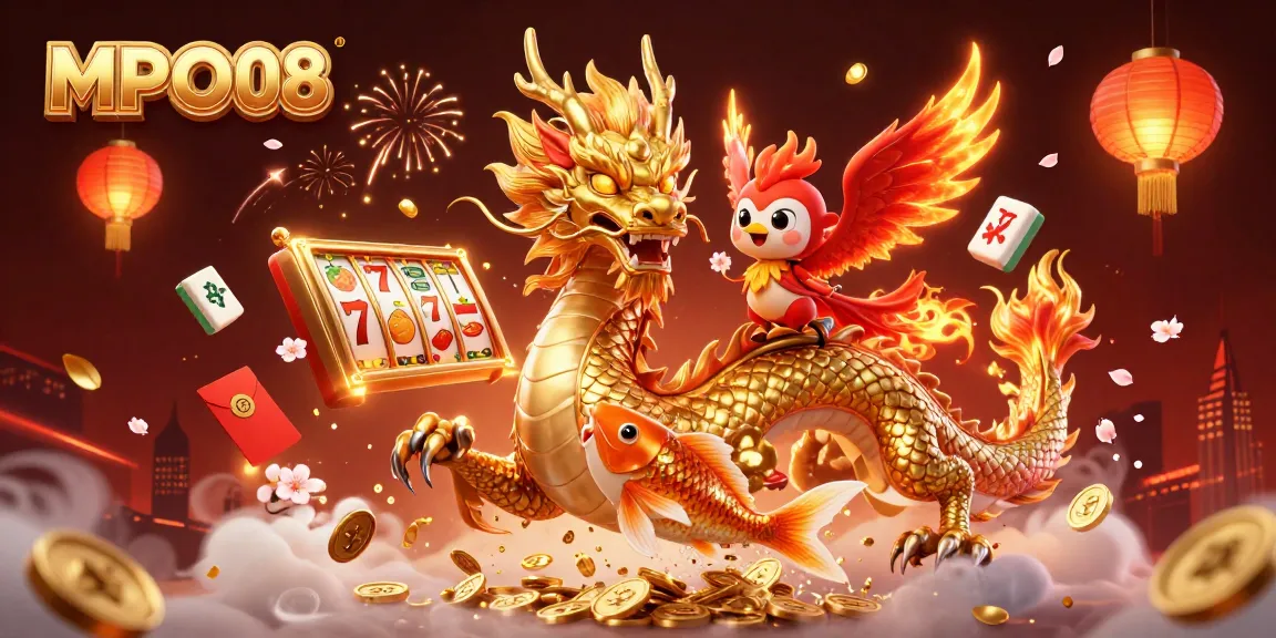 Experience MPO08 with animated slot reels and dynamic casino elements in a vibrant scene.