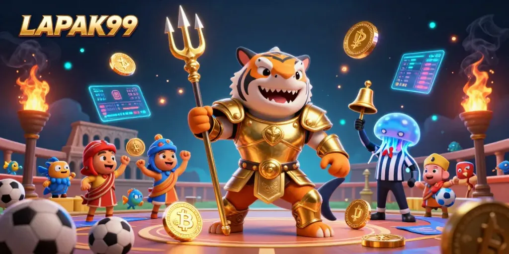 LAPAK99 showcases an exciting underwater sports betting scene with a cycloptic shark in gladiator armor.