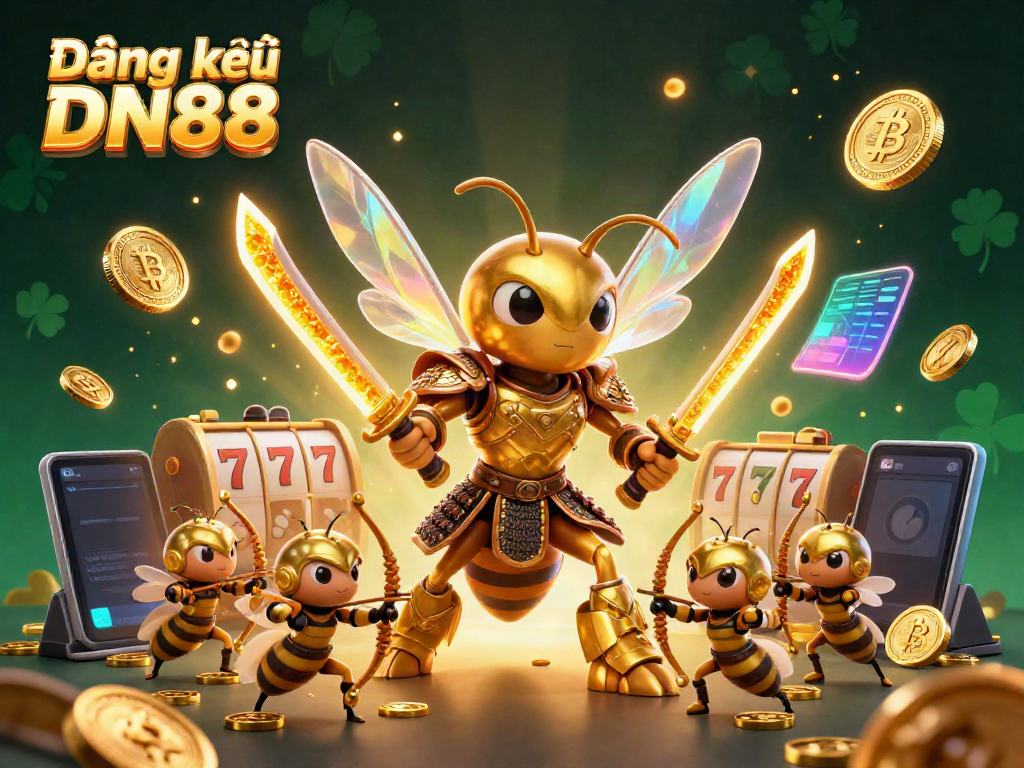 Engage in thrilling gaming with the vibrant scene of Đăng ký DN88, showcasing a captivating golden hornet samurai amidst dynamic slot game elements.