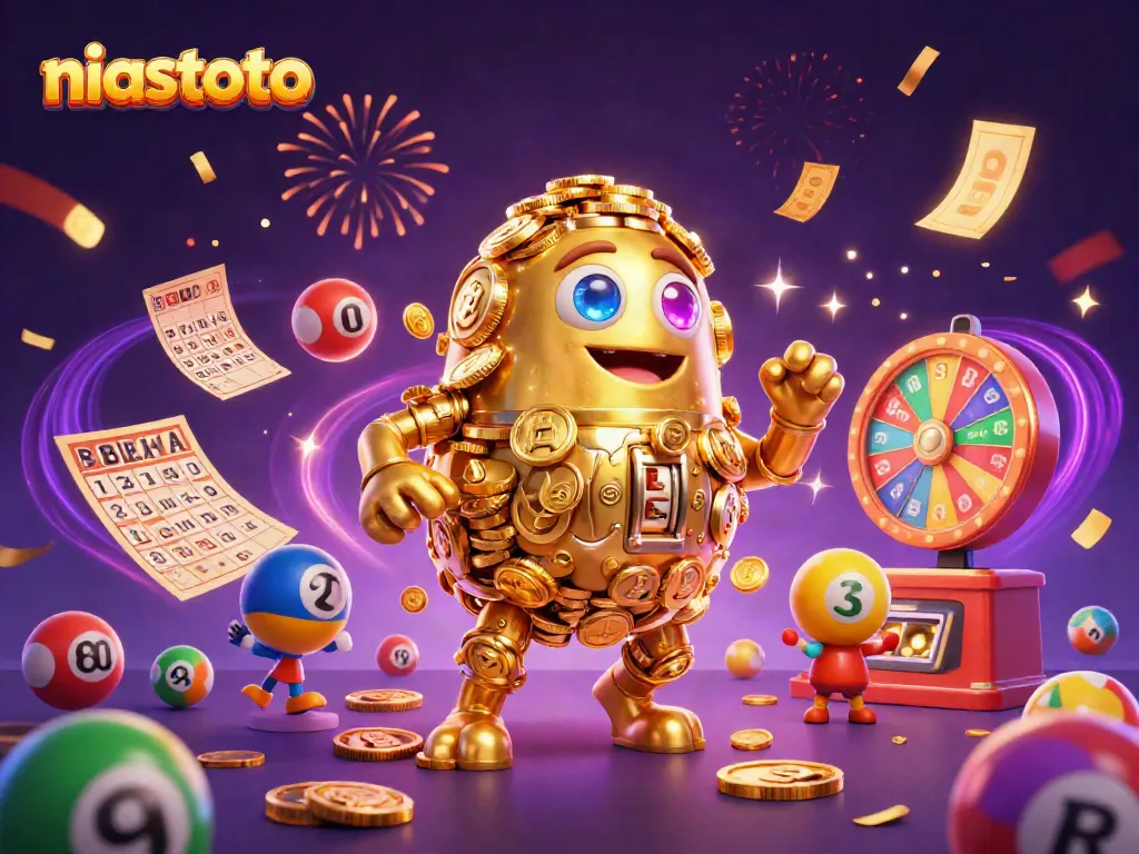 Engage with niastoto's dynamic gaming experience featuring a golden golem and vibrant game elements.