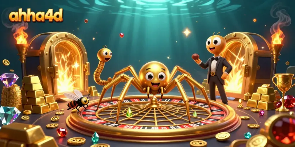 Experience thrilling gameplay at ahha4d with a dynamic scene featuring a golden spider and casino elements.