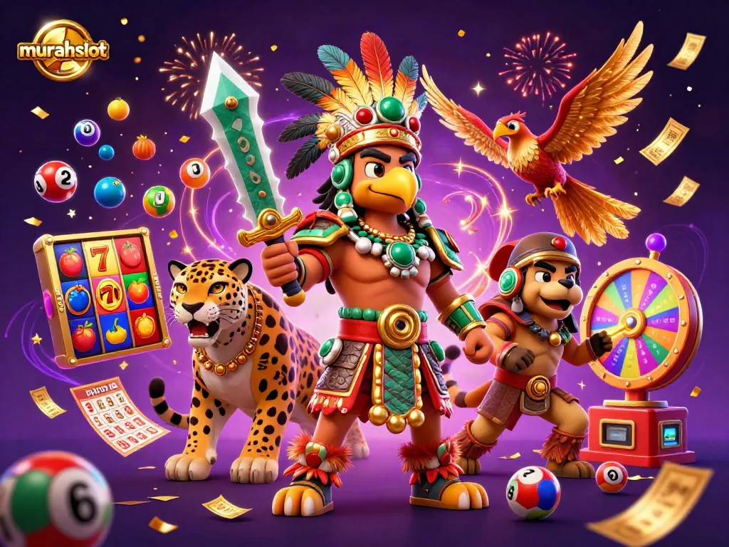 Menangkan jackpot di murahslot dengan karakter Aztec dan simbol slot berwarna-warni.
