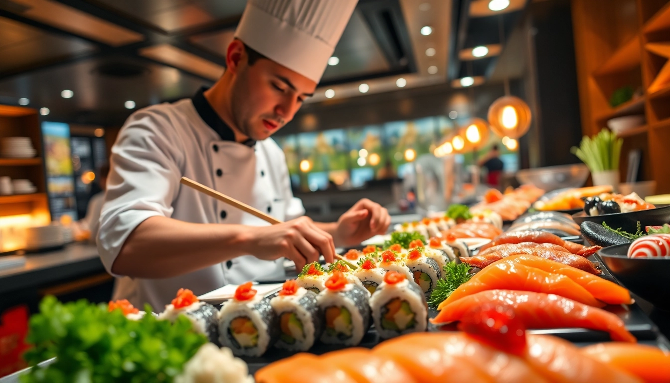 NEKOTOTO: Sushi chef meticulously crafting amazing sushi rolls at a vibrant restaurant.