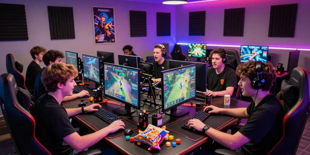 Cảnh chơi game sôi động tại F168 với các người chơi tập trung trong không gian hiện đại và ánh sáng LED tươi sáng.