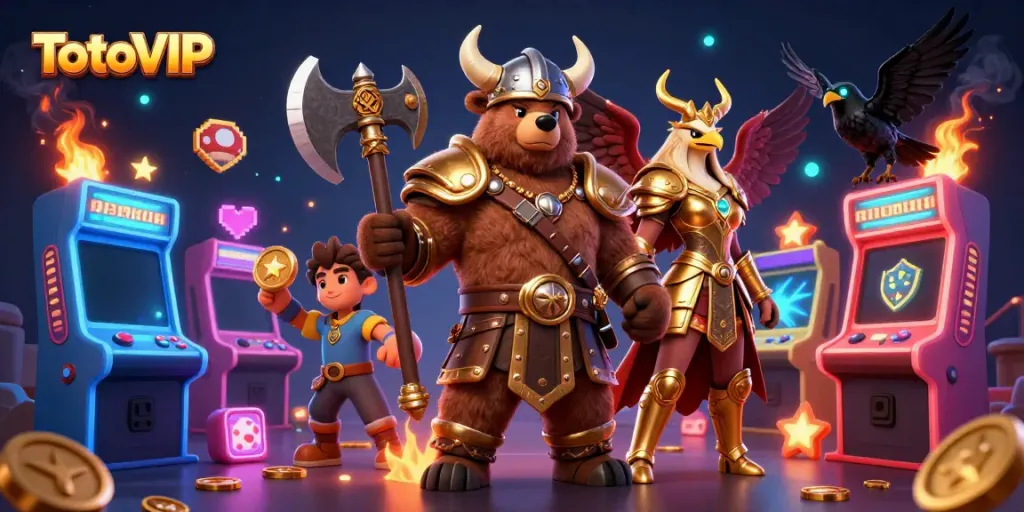 TotoVIP showcases an engaging 3D illustration featuring a Viking bear and a Valkyrie eagle celebrating casino gaming excitement.