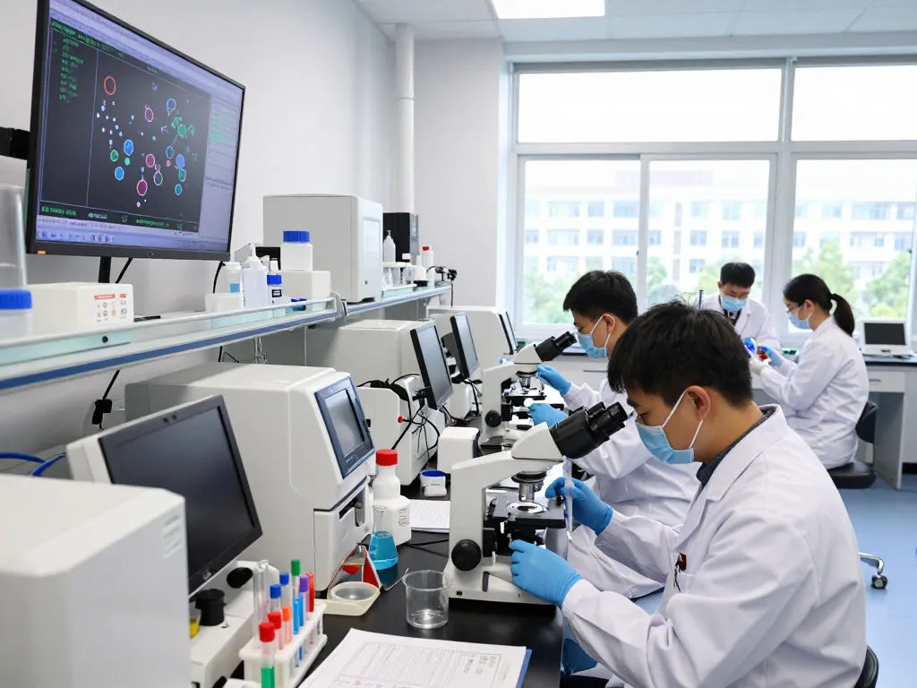 Researchers studying MB66 film for HIV and HSV treatment in a modern laboratory setting