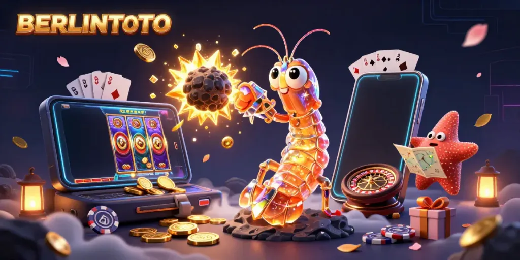 Experience BERLINTOTO with a magical scene of a galactic samurai and a starfish, surrounded by vibrant casino games.