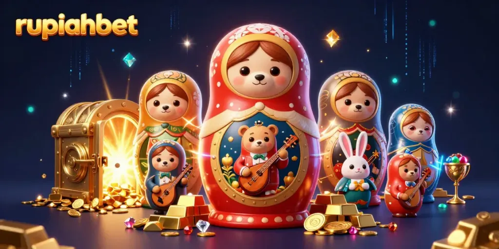Experience the thrill of playing at rupiahbet with colorful casino-themed characters and sparkling treasures.