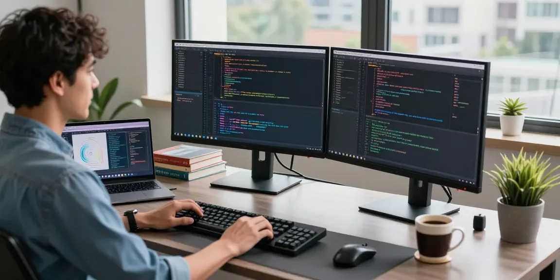 Ruang kerja profesional SGA33 dengan programmer yang bekerja pada dua monitor, perangkat teknologi, dan pencahayaan alami.