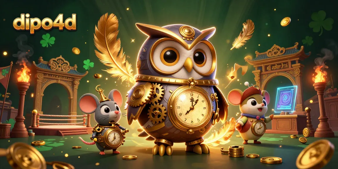 dipo4d showcases a vibrant 3D illustration of a steampunk owl and clockwork mouse in a dynamic casino atmosphere.