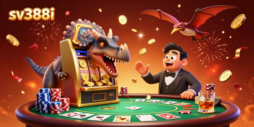 Experience a jackpot moment at sv388i with a dinosaur celebrating a golden slot machine win!