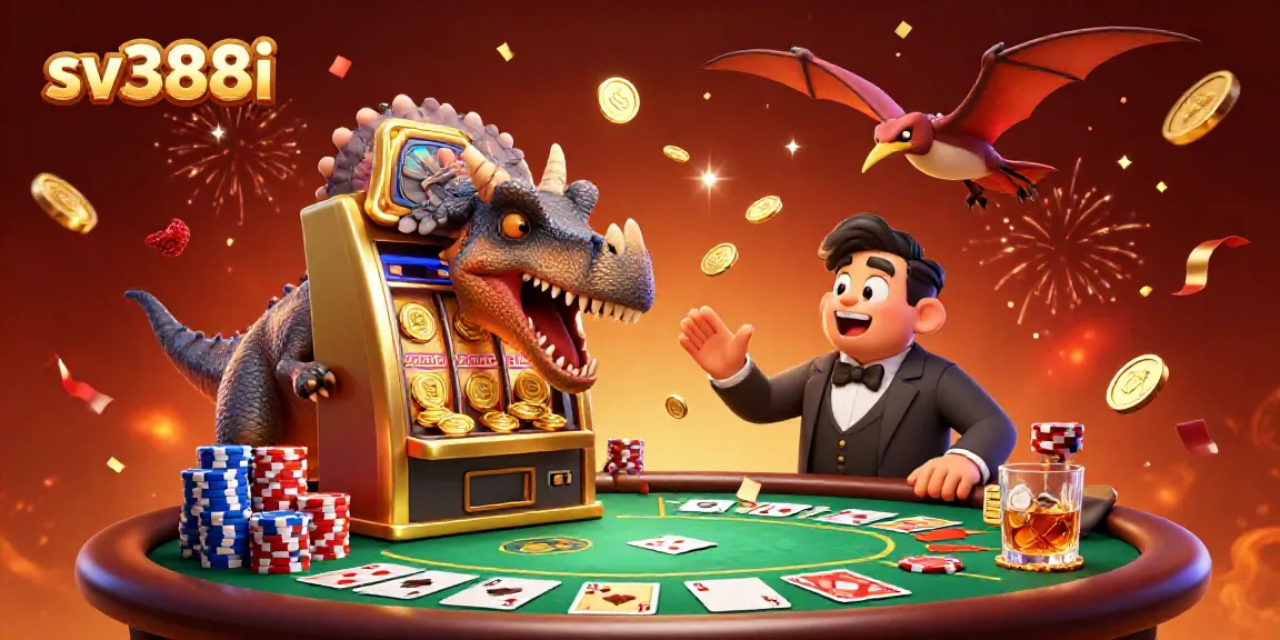 Experience a jackpot moment at sv388i with a dinosaur celebrating a golden slot machine win!