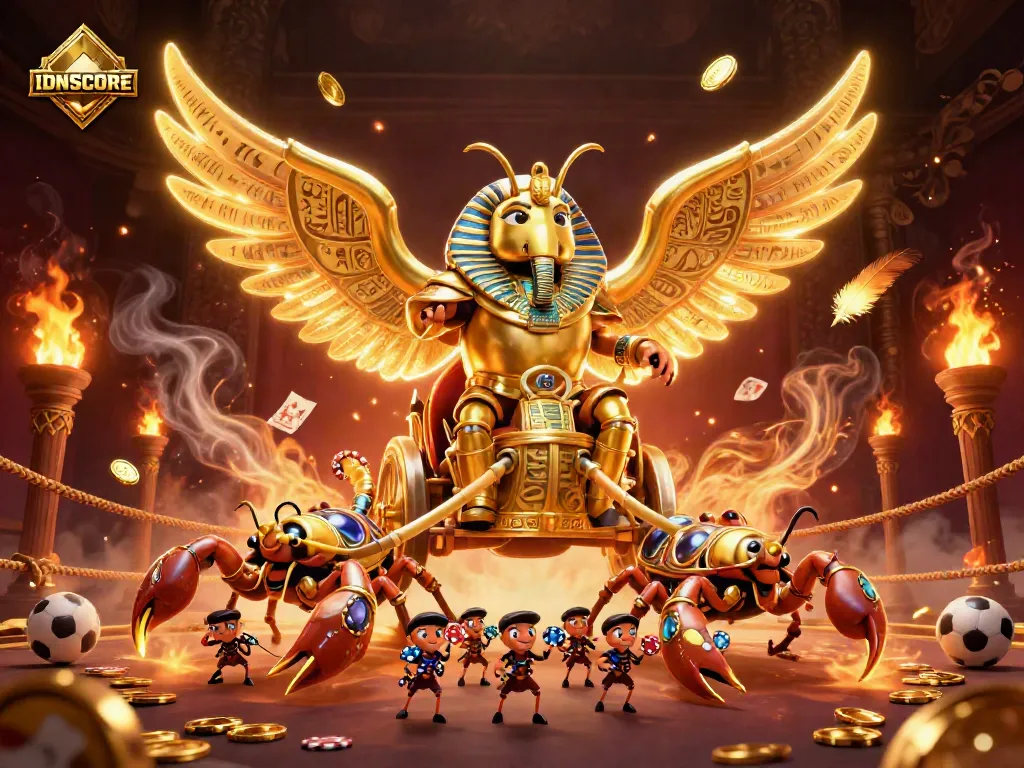 IDNSCORE sports betting scene with a golden scarab, scorpions, and poker chips amidst vibrant casino elements.