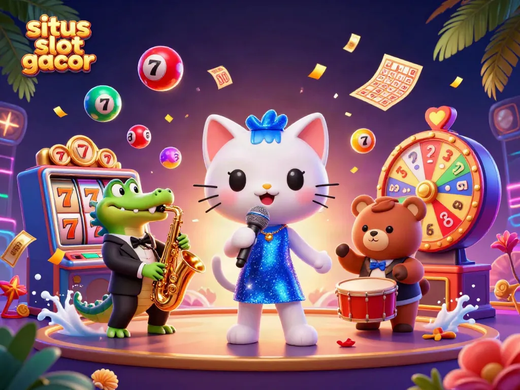 Situs slot gacor: Kucing penyanyi jazz dan teman-temannya bermain dengan lotere dan jackpot di panggung kasino.