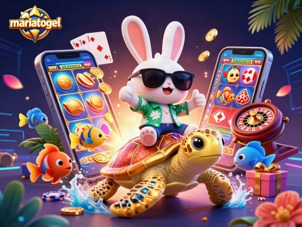 Experience thrilling moments with mariatogel's vibrant illustration showing a lucky rabbit and golden turtle amid casino action.