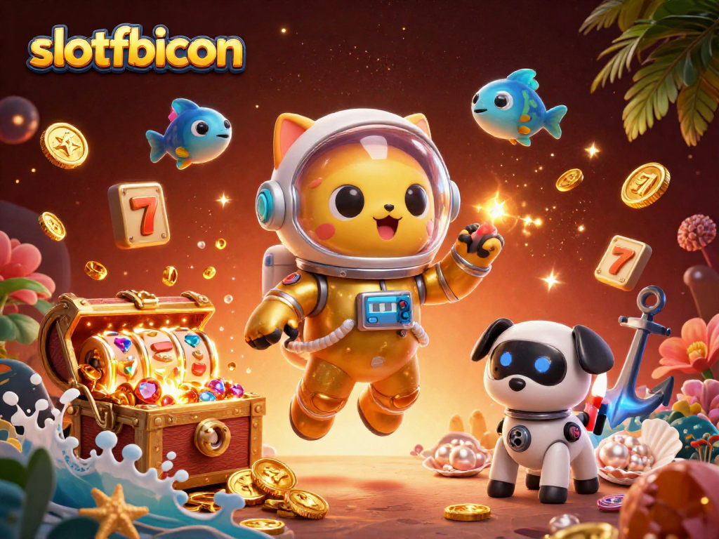 Slotfbicon showcases a vibrant 3D illustration combining gambling elements with imaginative characters.