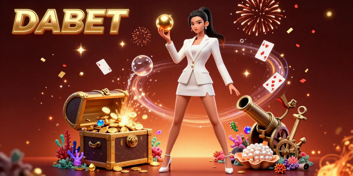 DABET casino illustration showcases a confident woman with a roulette ball amidst vibrant gambling elements.