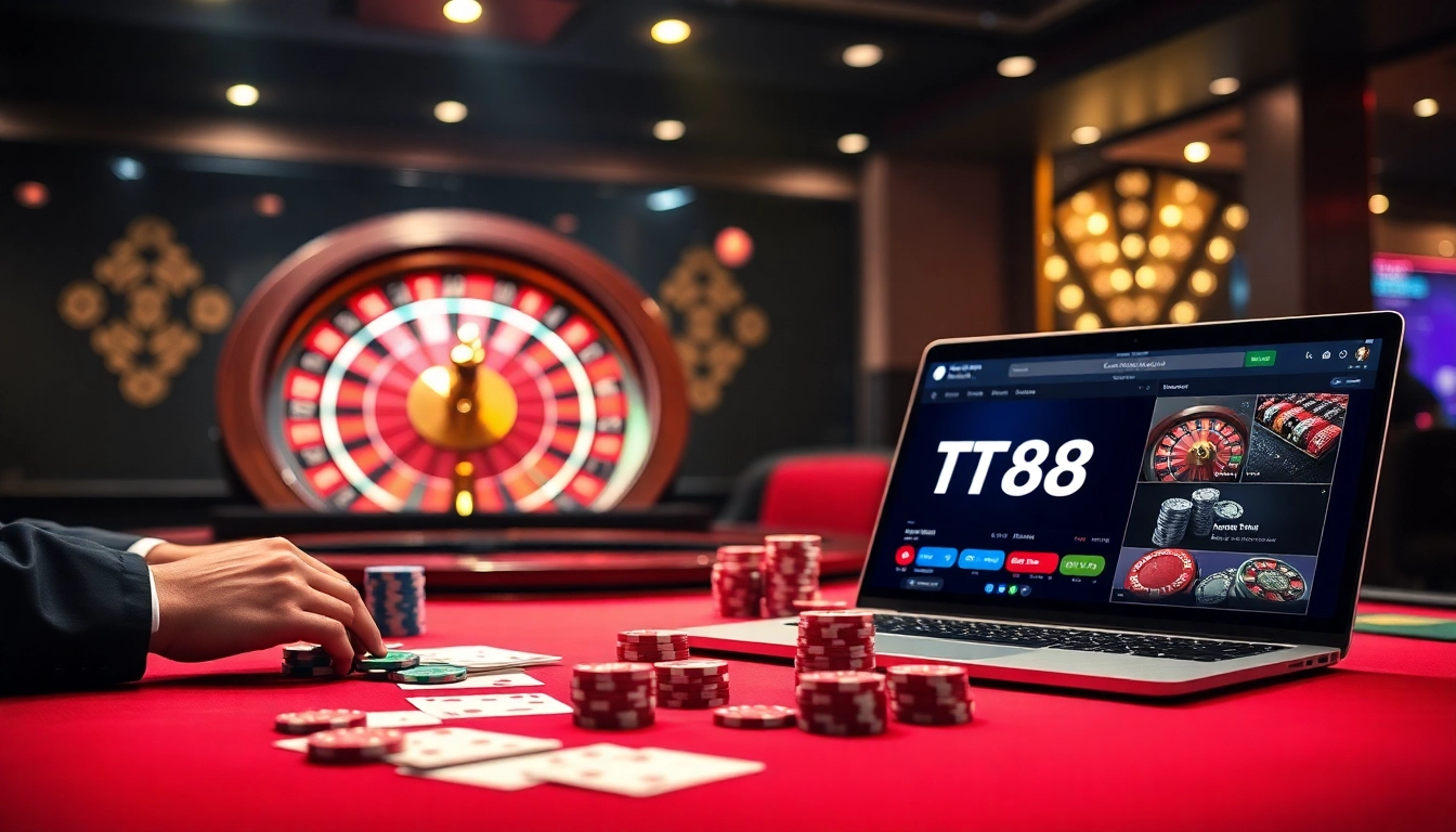 Experience thrilling online gaming at https://tt88.to/ showcasing a luxurious casino setup with poker chips and cards.