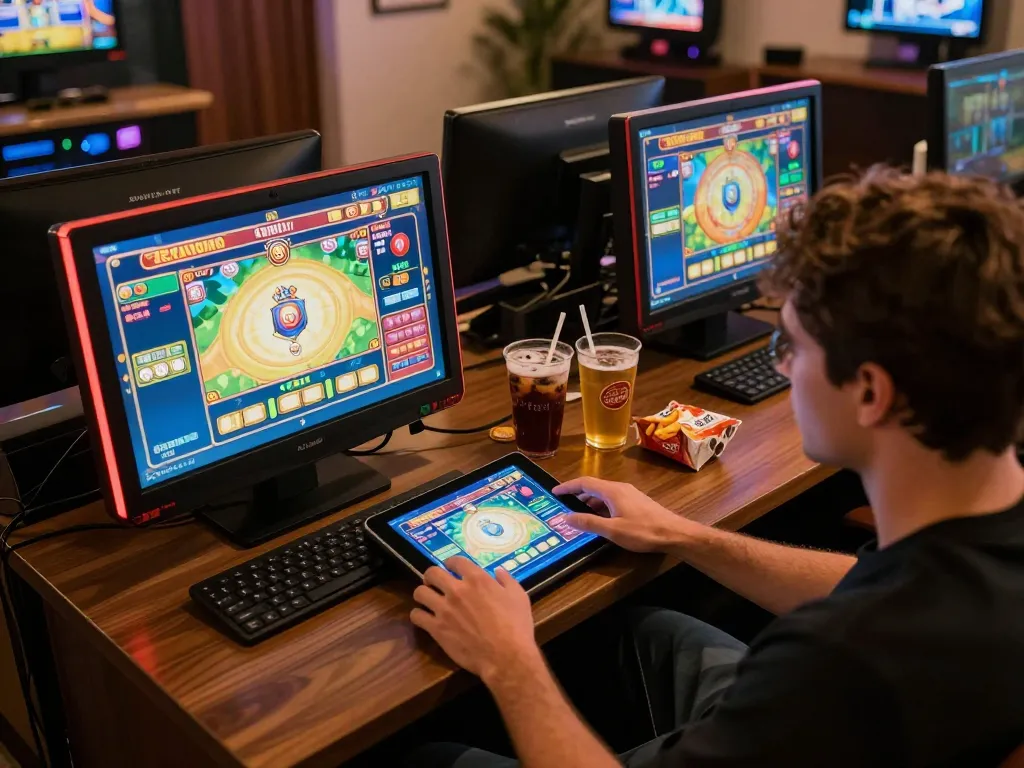 Engaged user playing ZEUS222 slot games on tablet with snacks around for a cozy gaming experience