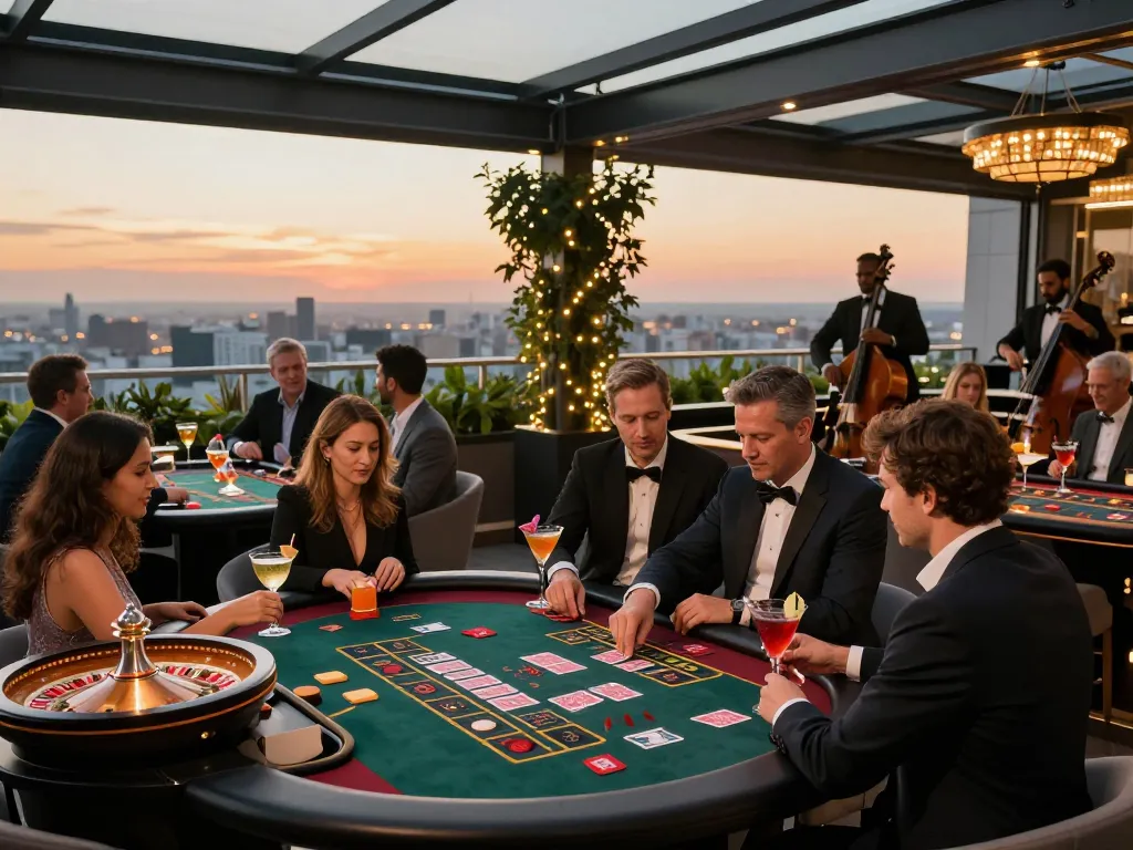 Situs toto players enjoying a luxury casino evening with roulette and card games.