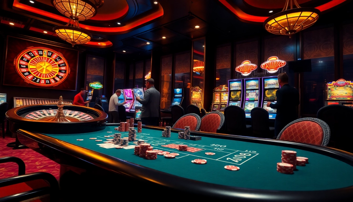 Excited players engaging at the elegant casino tables of situs11, showcasing poker chips and roulette action.