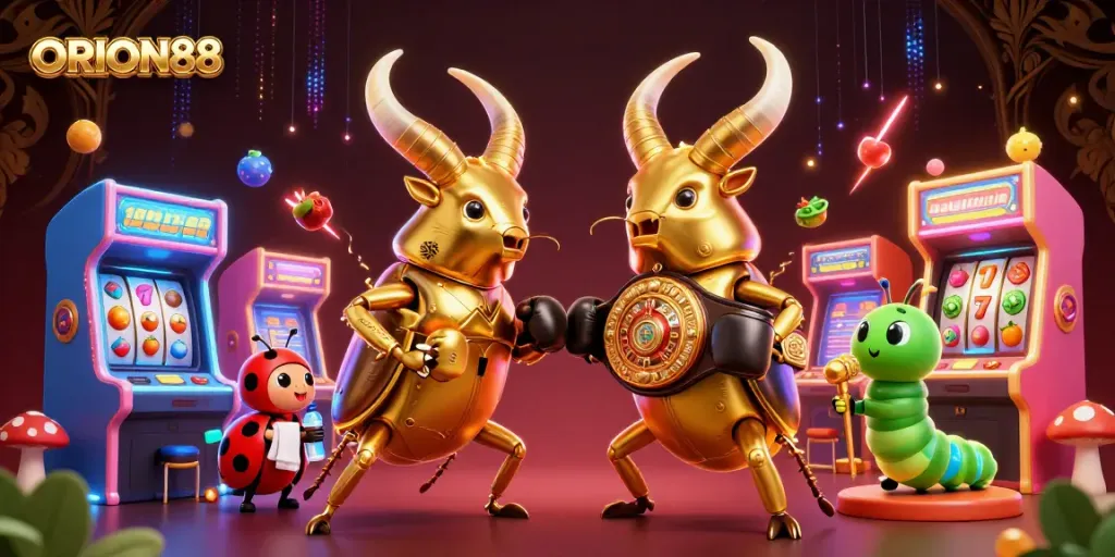 Experience the thrill of ORION88 with a vibrant casino showdown scene featuring unique characters.