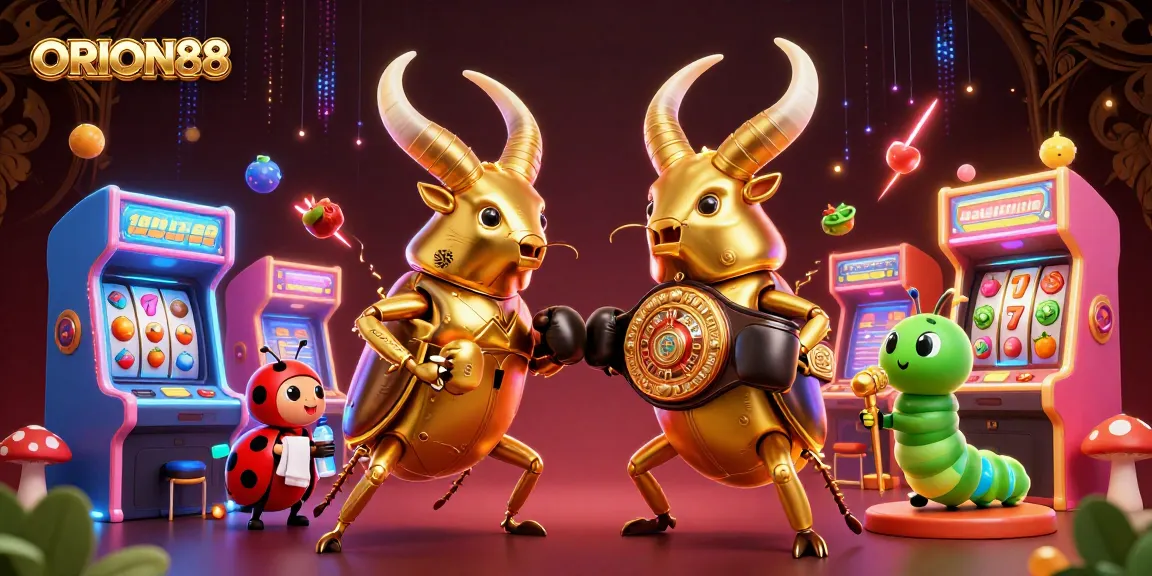 Experience the thrill of ORION88 with a vibrant casino showdown scene featuring unique characters.