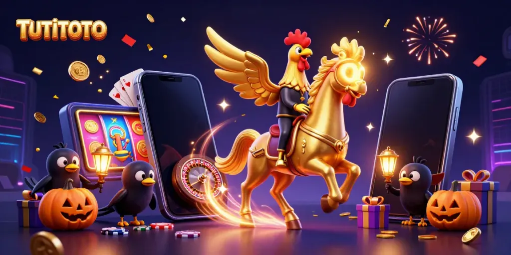 Experience TUTITOTO's vibrant casino scene with a golden rooster and dynamic game elements.