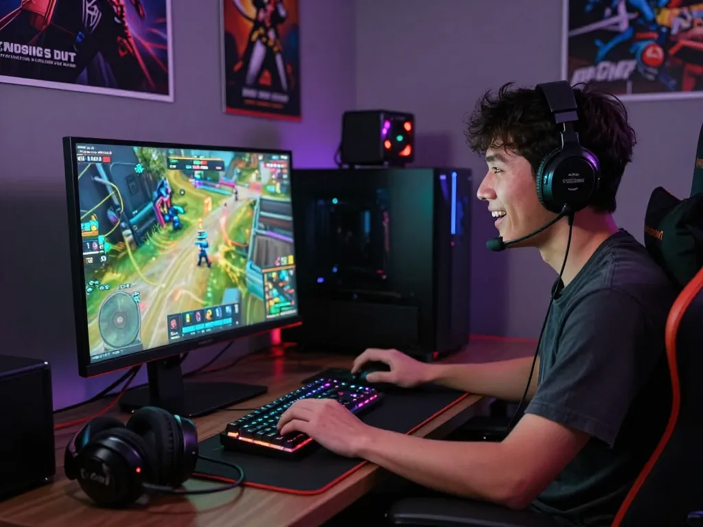 Gamer enjoying immersive experience at mantra88.com with vibrant setup and gaming gear.