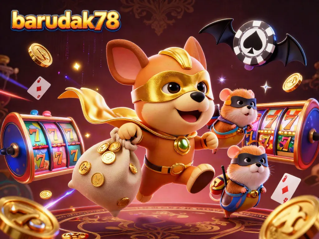 Geng superhero barudak78 beraksi di kasino dengan simbol chip poker dan elemen permainan menarik.