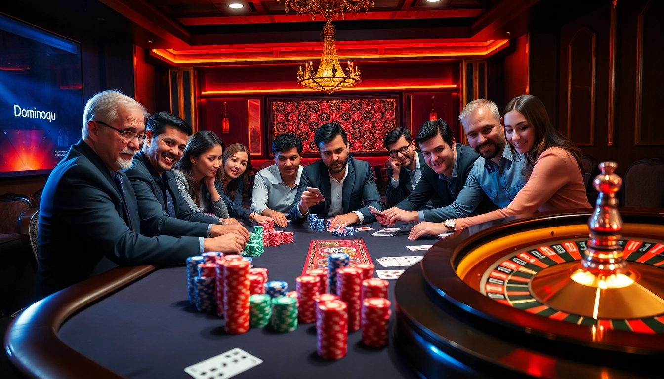 Excited players at a high-stakes poker table in a luxurious Dominoqiu casino setting.