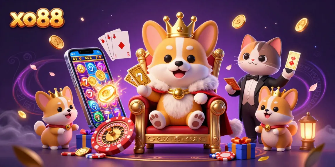 Experience the excitement with xo88's vibrant online slots scene featuring a royal corgi and captivating gaming elements.