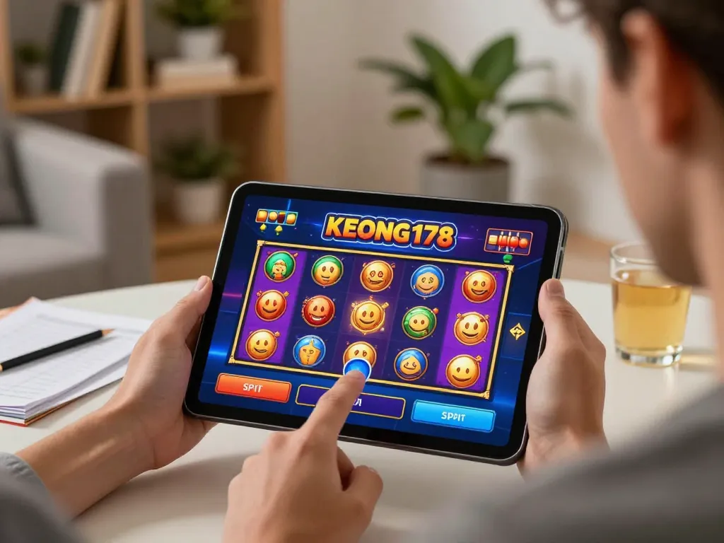 Player engaging with KEONG178 slot games on a tablet in a cozy living room setting