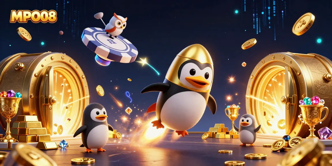 Experience the excitement of MPO08 with a golden penguin zooming through a dynamic casino universe.