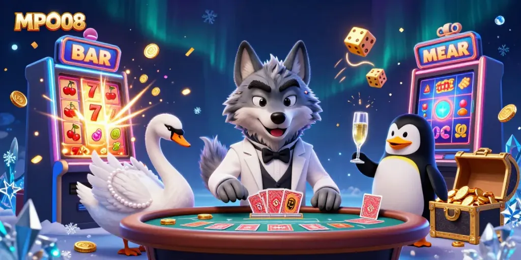Experience the exciting world of MPO08 with a 3D casino scene featuring vibrant characters and dynamic game elements.