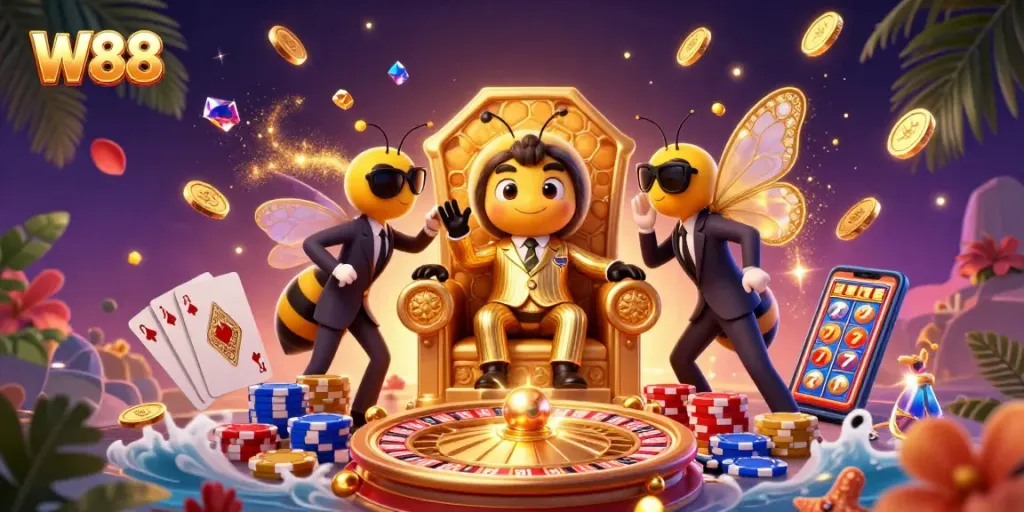 Experience the excitement of W88 with a cartoon mob boss in a casino scene surrounded by golden coins and vibrant elements.