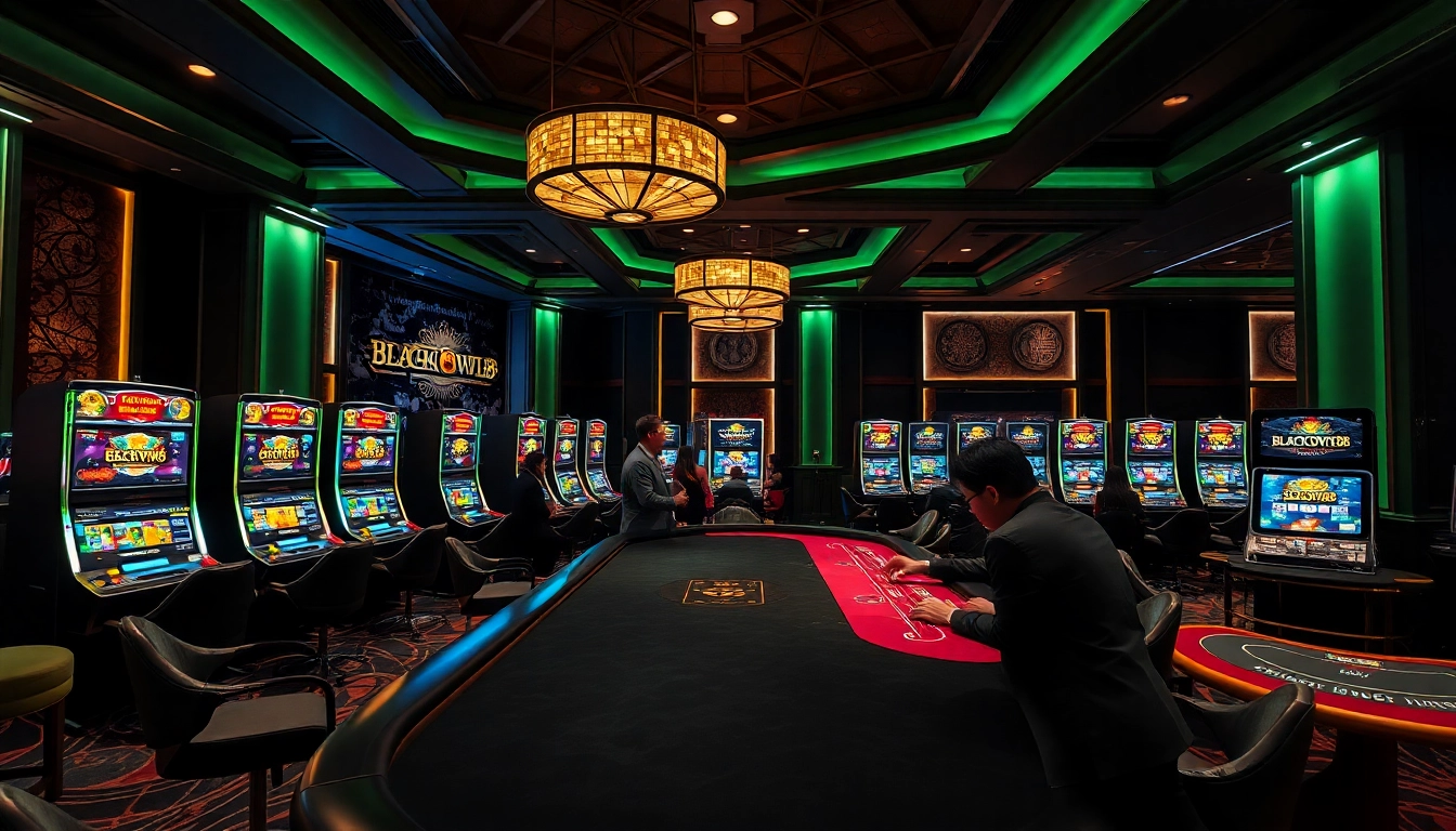 Experience thrilling gaming action at BLACKOWL88 with luxurious slot machines and modern tables.