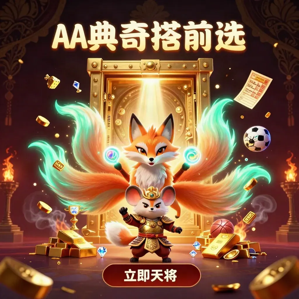 Rubah roh berekor sembilan dan tikus samurai emas di depan brankas emas, bola dan permata.