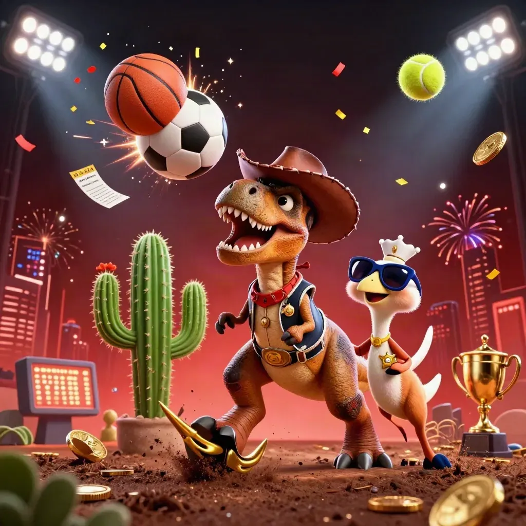 Dinosaurus koboi, kaktus, dan roadrunner di antara bola, trofi, dan kilau stadion.
