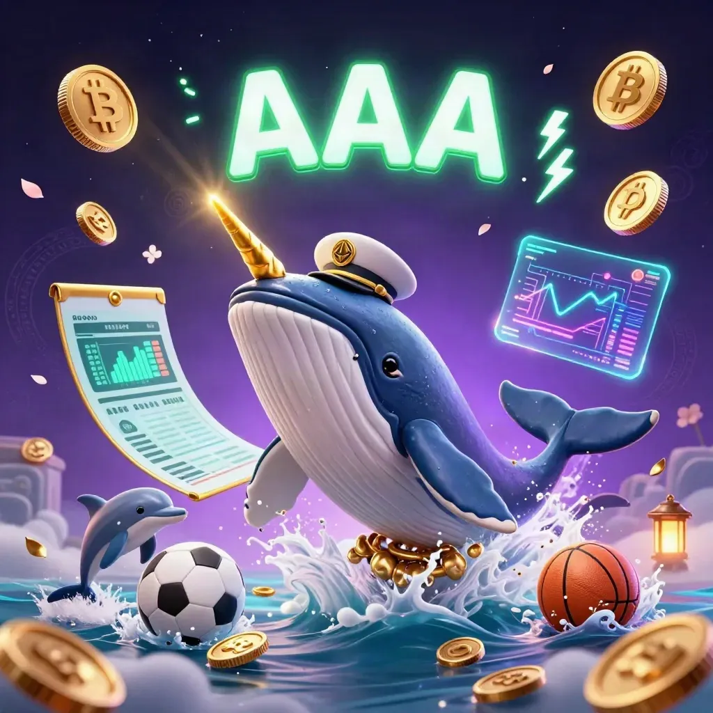 Paus kartun raksasa, narwhal, dan lumba-lumba di lautan koin dengan bola basket dan sepak bola neon.