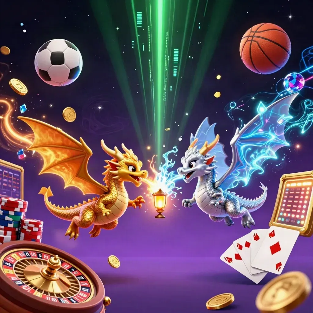 Dua naga emas dan perak melingkar, dikelilingi koin, kartu, chip, bola, dan efek neon kasino.