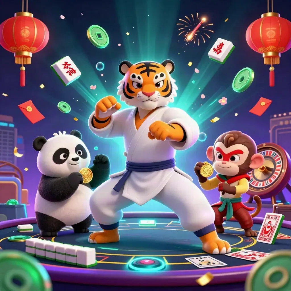 Harimau kung-fu, panda, dan monyet di kasino neon dengan lampion, ubin mahjong, dan cahaya mewah.
