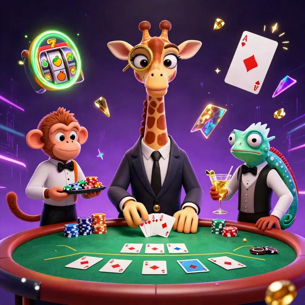 Jerapah high-roller, monyet valet, dan bunglon bartender di meja poker neon hijau